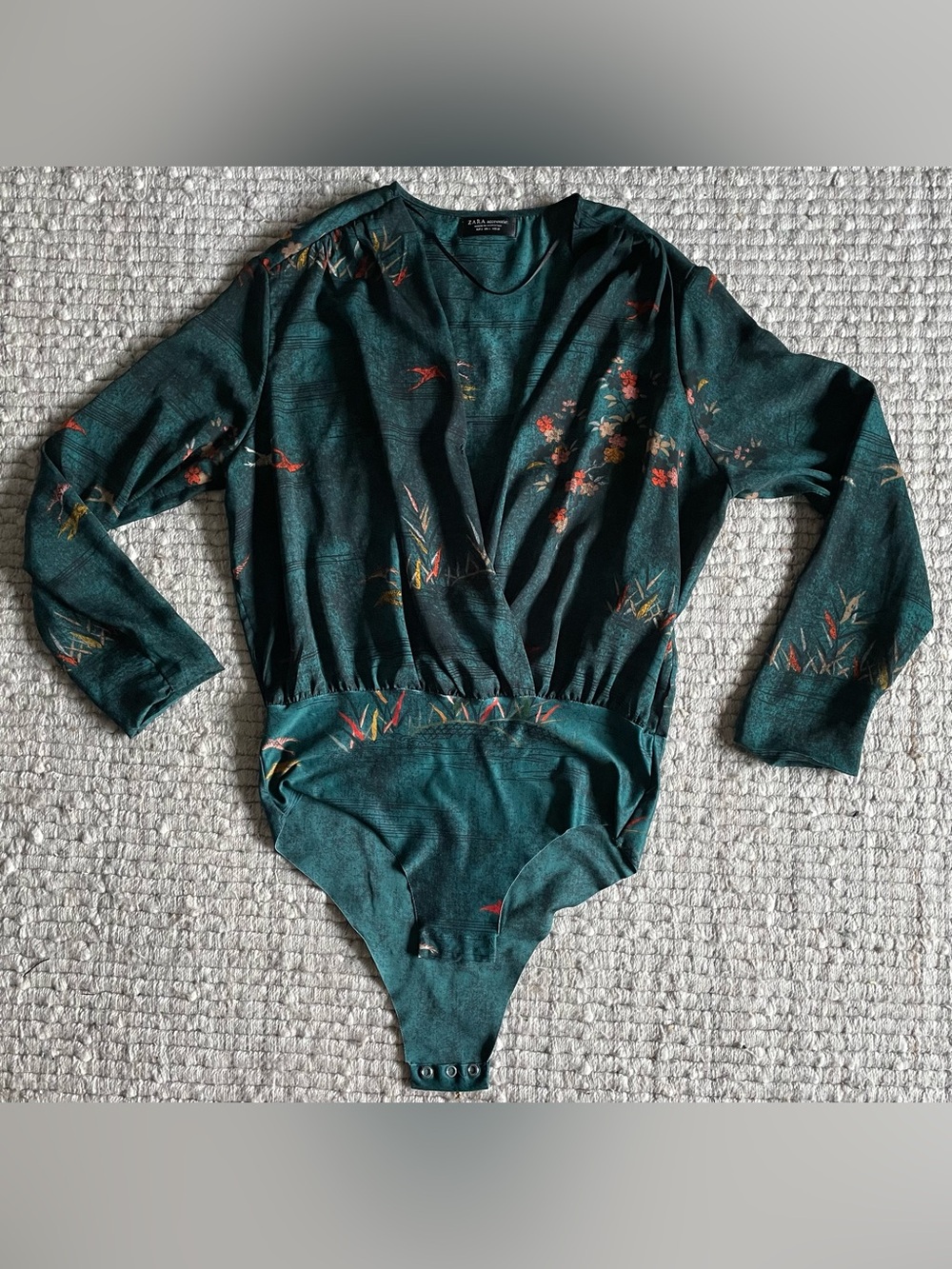 Emerald Green Long-Sleeve Bird Print One-Piece Bodysuit | Zara